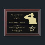 Gold Military Thank You Award Plaque<br><div class="desc">A gold silhouette soldier salutes at the right side of this military thank you award plaque. Below the figure is a gold star with "USA" at the middle. To the left are five text fields for you to customize. Make it say whatever you'd like! This silhouette image works for service...</div>