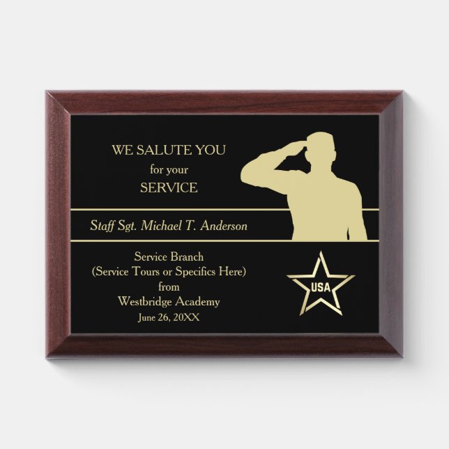 Gold Military Thank You Award Plaque (Horizontal)