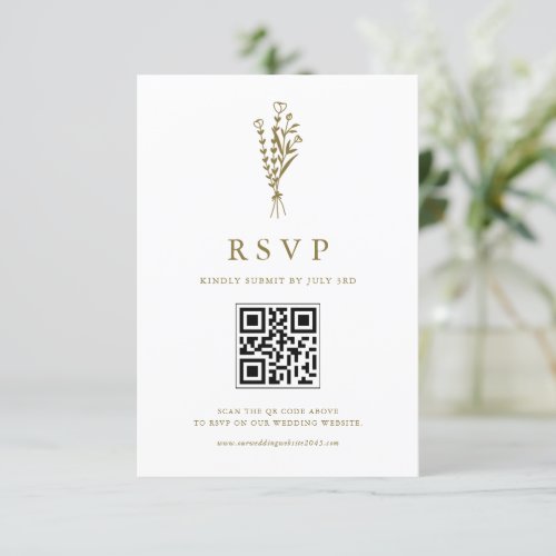 Gold Minimailist Botanicals QR Code Wedding RSVP Card