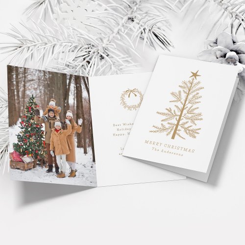 Gold Minimal Christmas Pine Tree Photo Folded Holiday Card