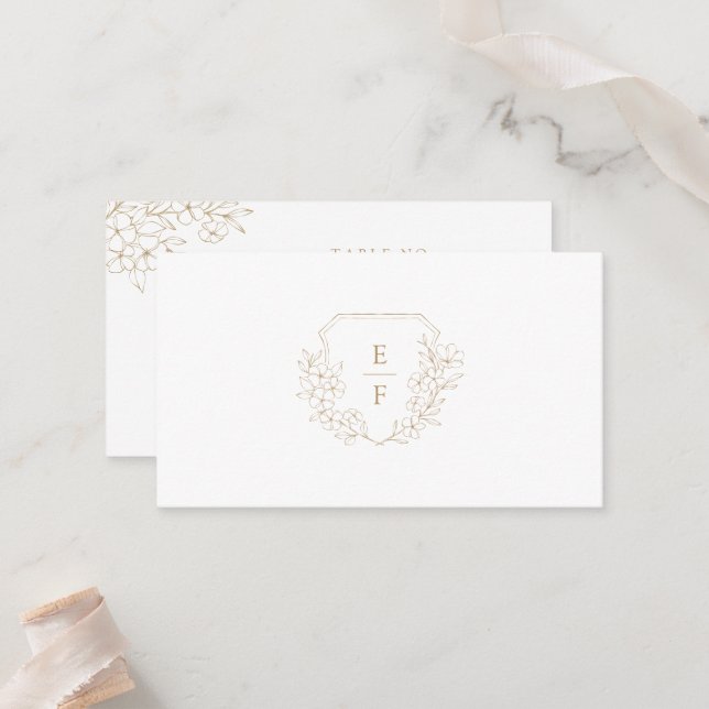 Gold Minimal Elegant Cherry Blossom Monogram Crest Place Card (Front/Back In Situ)
