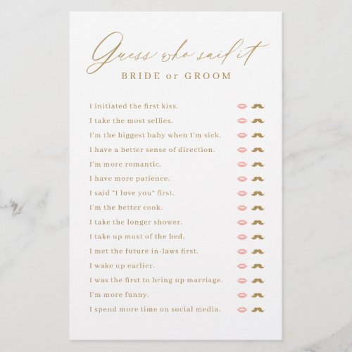 Gold minimal He said She said bridal shower game