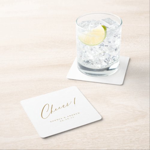 Gold minimal modern cheers script wedding square paper coaster