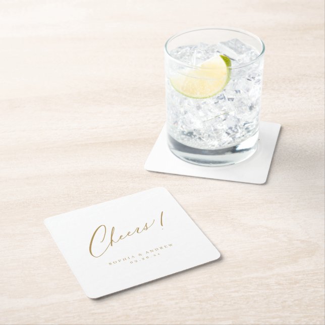 Gold minimal modern cheers script wedding square paper coaster (Insitu)