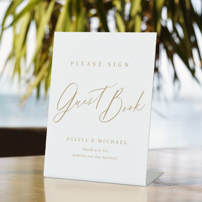 Gold minimal modern script wedding guest book pedestal sign (Gold minimal modern script wedding guest book pedestal sign)