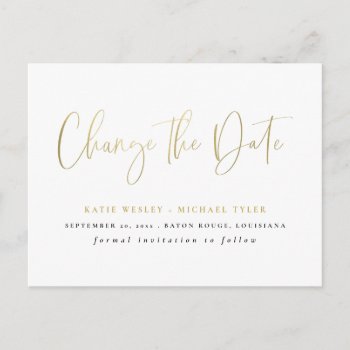 Gold Minimal Typography Change The Date Announcement Postcard by fancypaperie at Zazzle