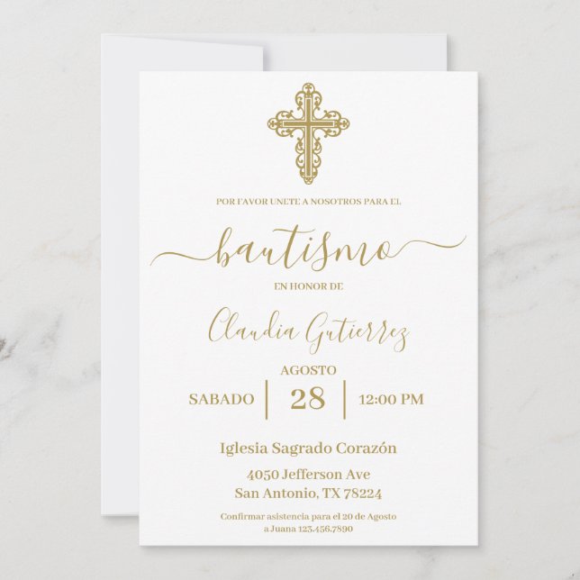 Gold minimalist Baptism Spanish Invitation (Front)
