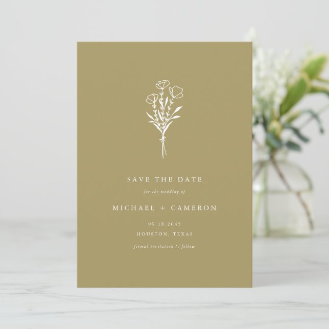 Gold Minimalist Botanical Bouquet QR Code Save The Date (Standing Front)