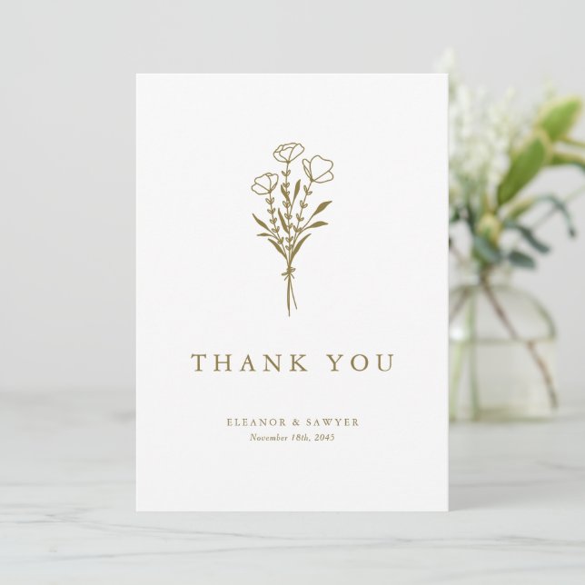 Gold Minimalist Botanicals Wedding Thank You Card (Standing Front)