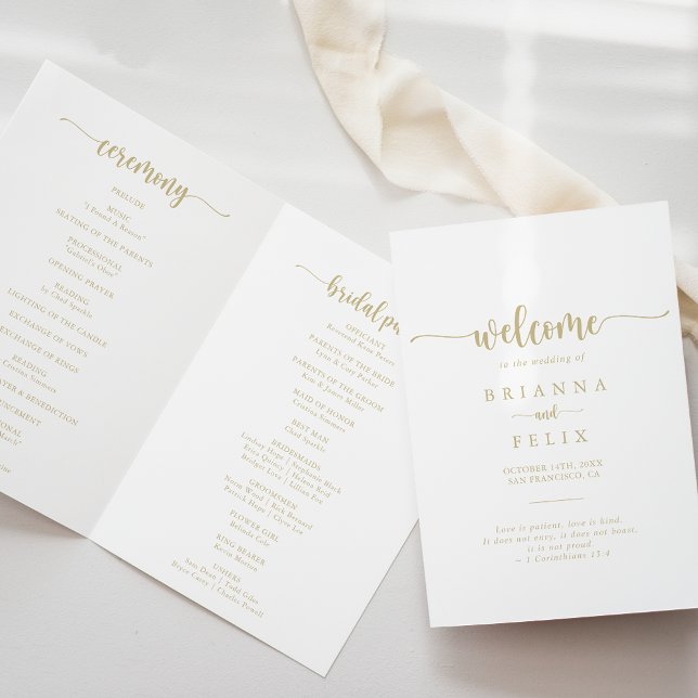 Gold Minimalist Calligraphy Folded Wedding Program (Creator Uploaded)