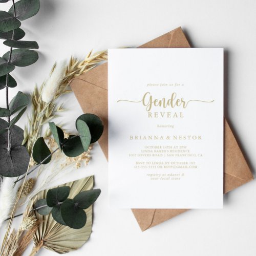 Gold Minimalist Calligraphy Gender Reveal Party  Invitation