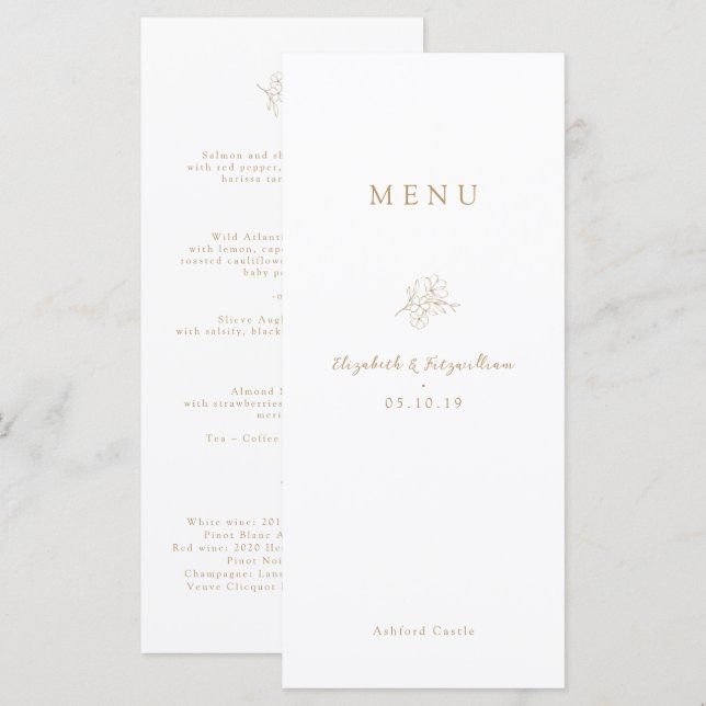 Gold Minimalist Cherry Blossom Monogram Wedding  Menu (Front/Back)