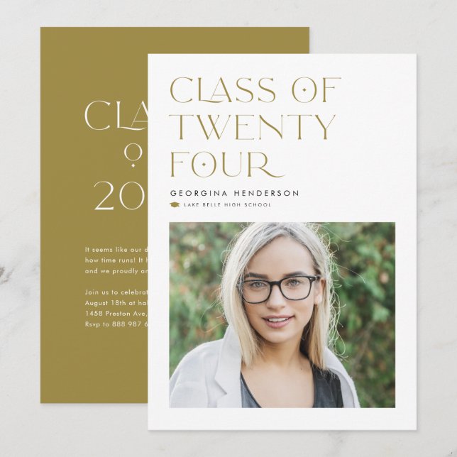 Gold Minimalist Class of 2024 Photo Graduation Announcement (Front/Back)