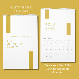 Gold Minimalist Modern 2026 Wall Calendar