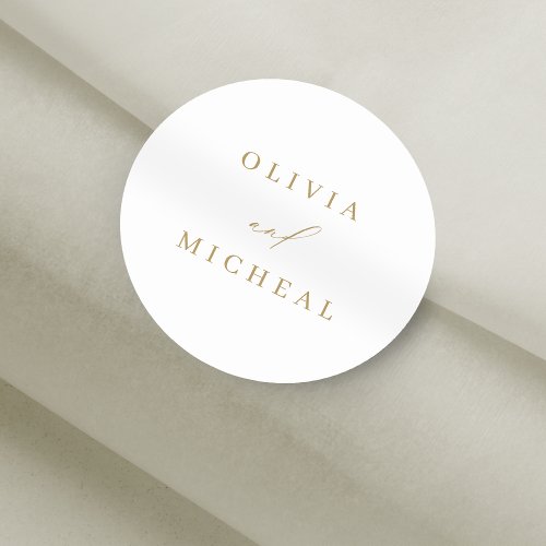 Gold minimalist modern couple names wedding classic round sticker