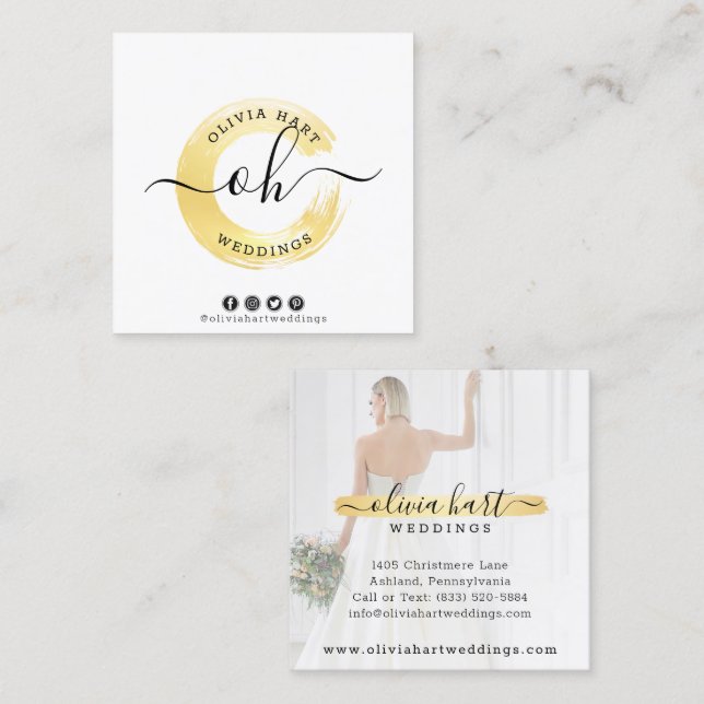 Gold Minimalist Paint Logo Custom Photo Stylist Square Business Card (Front/Back)