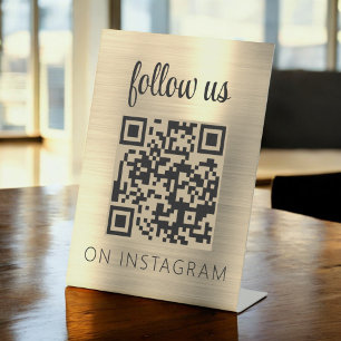 Gold Minimalist QR Code Follow Us on Instagram Pedestal Sign