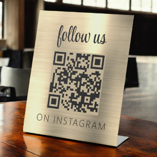 Gold Minimalist QR Code Follow Us on Instagram Pedestal Sign