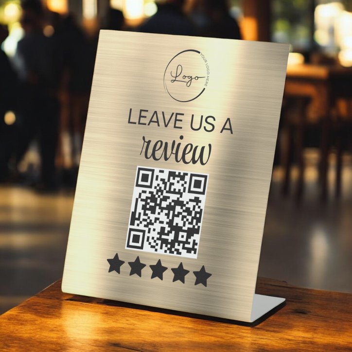 Gold Minimalist QR Leave Us A Review Business Pedestal Sign