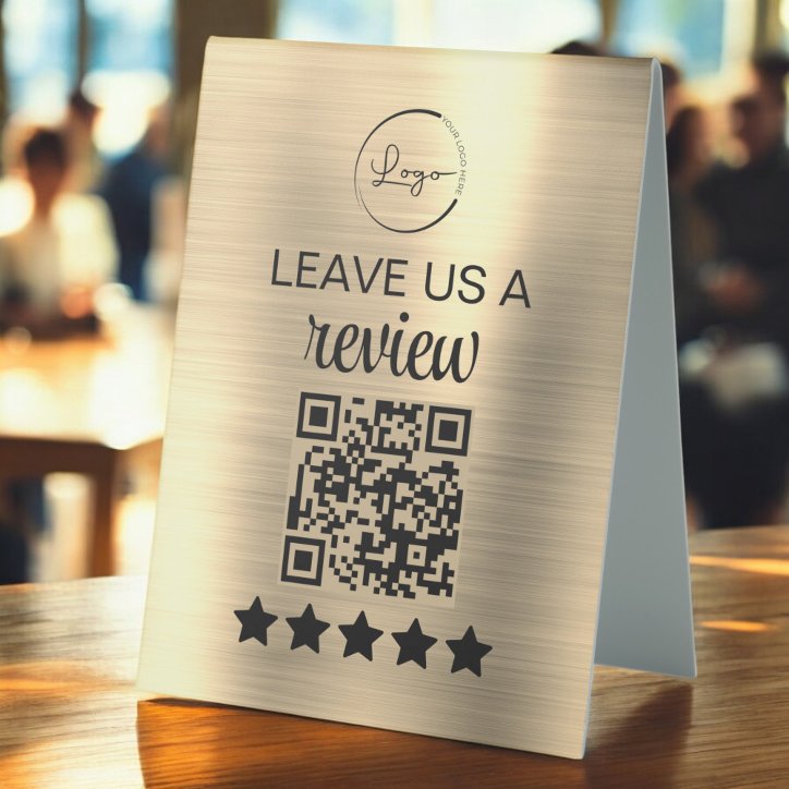 Gold Minimalist QR Leave Us A Review Business Table Tent Sign