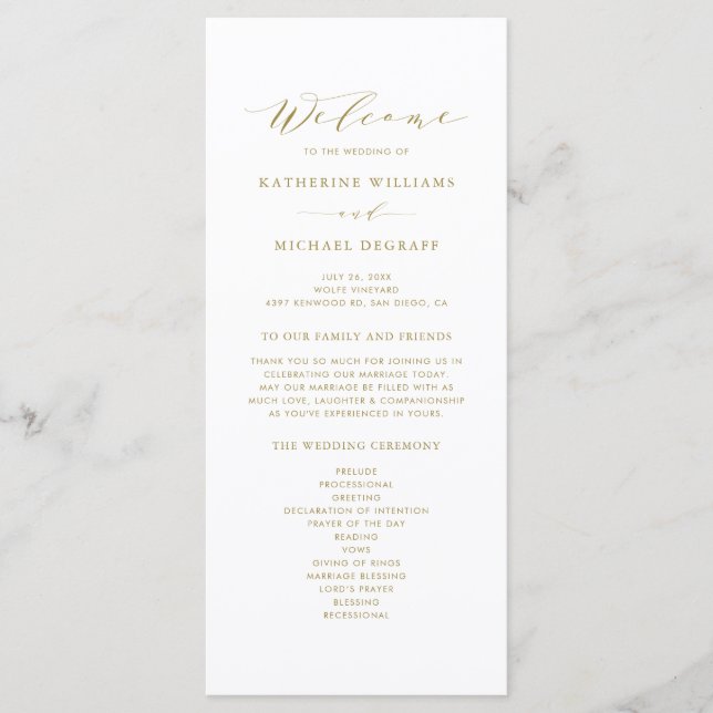 Gold Minimalist Script Order of Ceremony Wedding Program (Front)