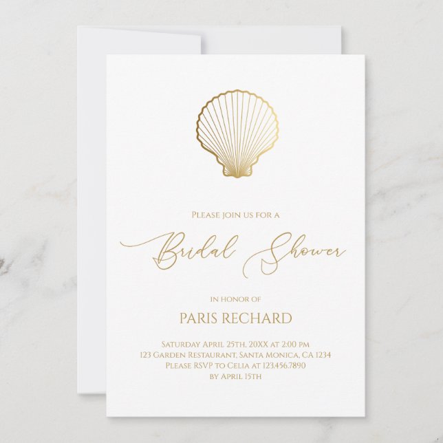 Gold Minimalist Sea Shell Bridal Shower Invitation (Front)