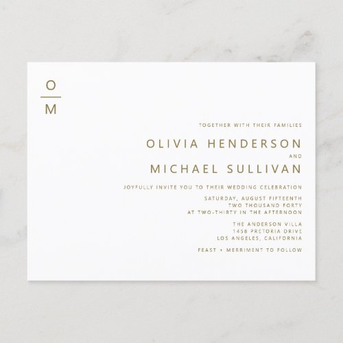 Gold Minimalist Typography Monogram Wedding Invitation Postcard