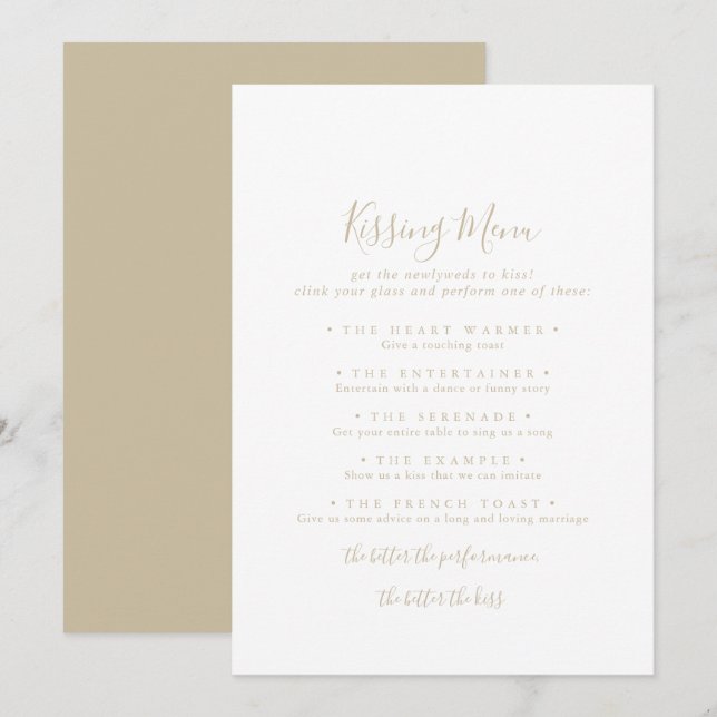 Gold Minimalist Wedding Kissing Menu Game Card (Front/Back)