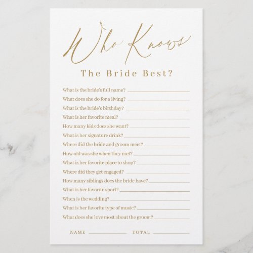 Gold minimalist who knows the bride best game