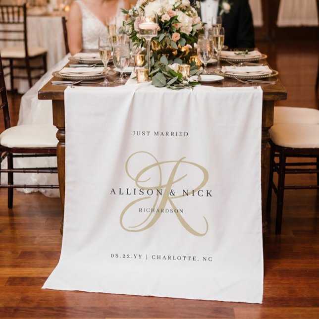 Gold Minimalistic Monogram Just Married Reception Tapestry (Creator Uploaded)