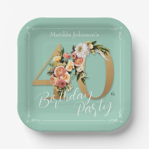 Gold Mint 40th Birthday Floral Pretty Chic Custom Paper Plates