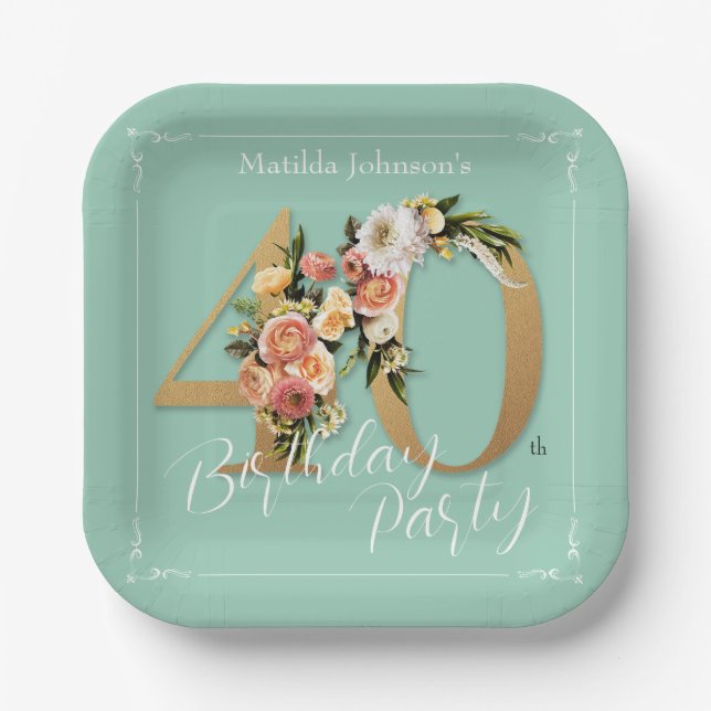 Gold Mint 40th Birthday Floral Pretty Chic Custom Paper Plates (Front)