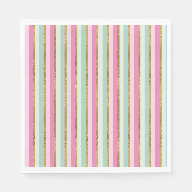 Gold Mint And Pink Stripes Napkins (Front)
