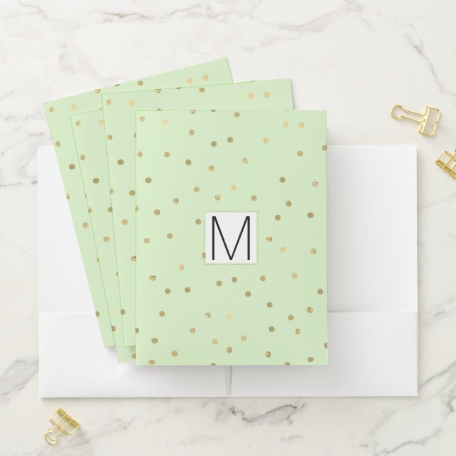 Gold Mint Confetti Dots Monogram Pocket Folder (In Situ)