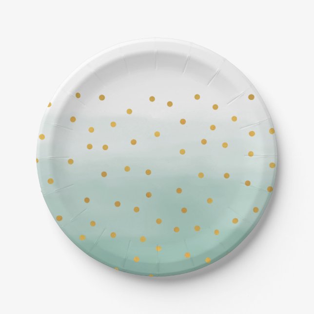 Gold Mint Confetti Dots Ombre Birthday Paper Plates (Front)