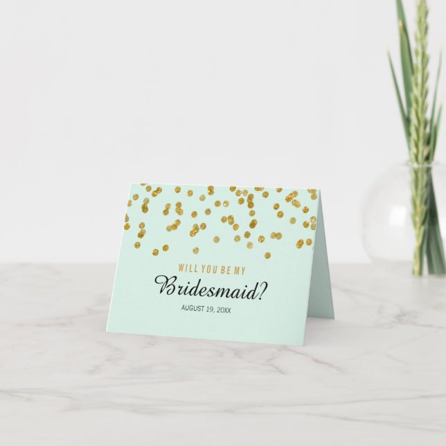 Gold Mint confetti Will You Be My Bridesmaid Invitation (Front)