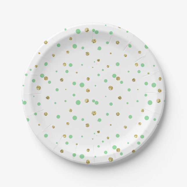 Gold Mint Faux Glitter Confetti Dots Paper Plates (Front)