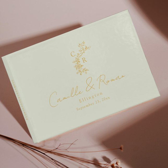 Gold/Mint Floral Monogrammed Calligraphy Wedding Guest Book (Creator Uploaded)