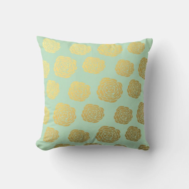 Gold Mint Floral Throw Pillow (Front)