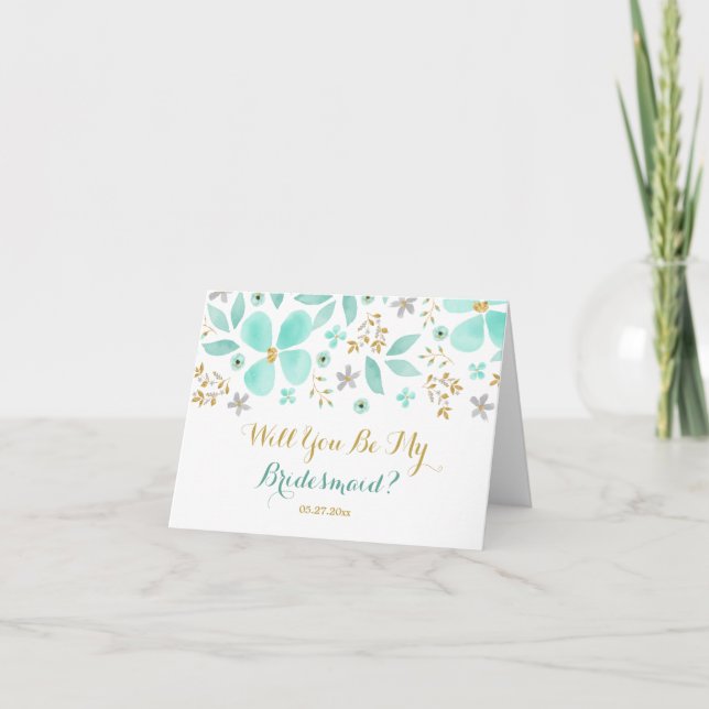 Gold Mint Flower Will You Be My Bridesmaid Card (Front)