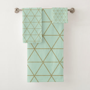 Gold Mint Geometric Triangles Boho Glam Minimal Bath Towel Set