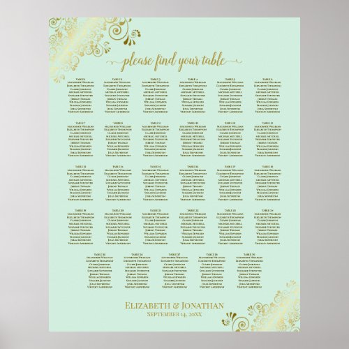Gold  Mint Green 29 Table Wedding Seating Chart