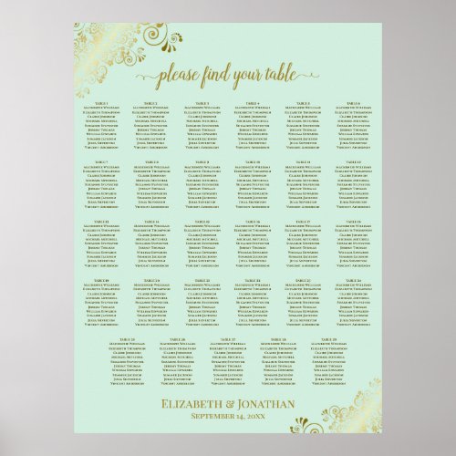 Gold & Mint Green 29 Table Wedding Seating Chart