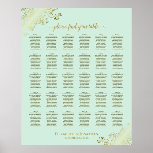 Gold  Mint Green 30 Table Wedding Seating Chart