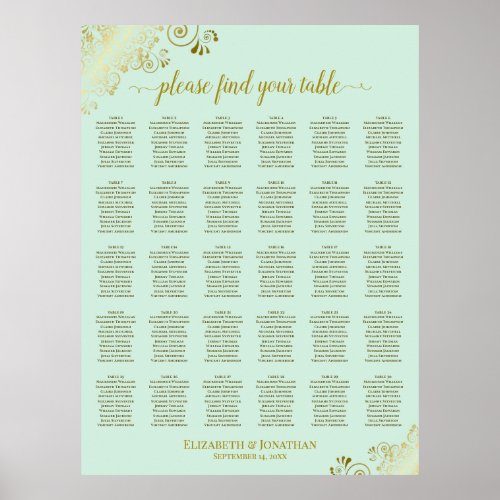 Gold & Mint Green 30 Table Wedding Seating Chart