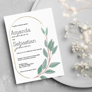 Gold mint green brown foliage floral wedding invitation