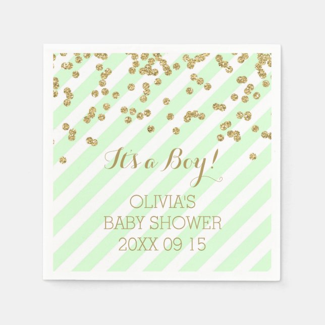 Gold Mint Green Confetti Stripes Baby Shower Paper Napkins (Front)
