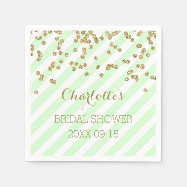 Gold Mint Green Confetti Stripes Bridal Shower Paper Napkins (Front)