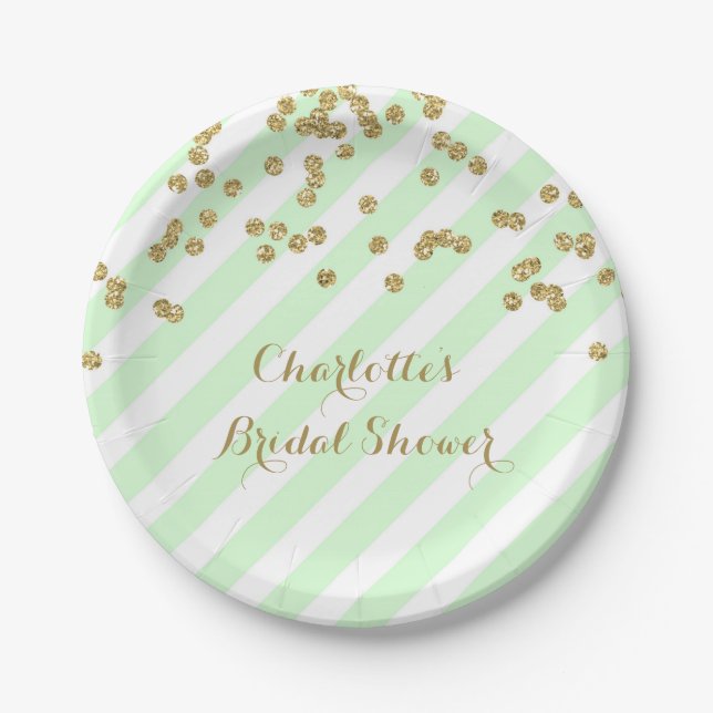 Gold Mint Green Confetti Stripes Bridal Shower Paper Plates (Front)