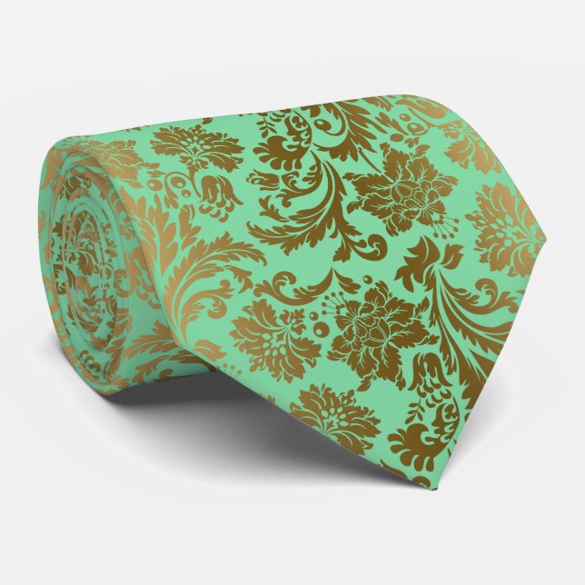 Gold & Mint-Green Damasks Neck Tie (Rolled)